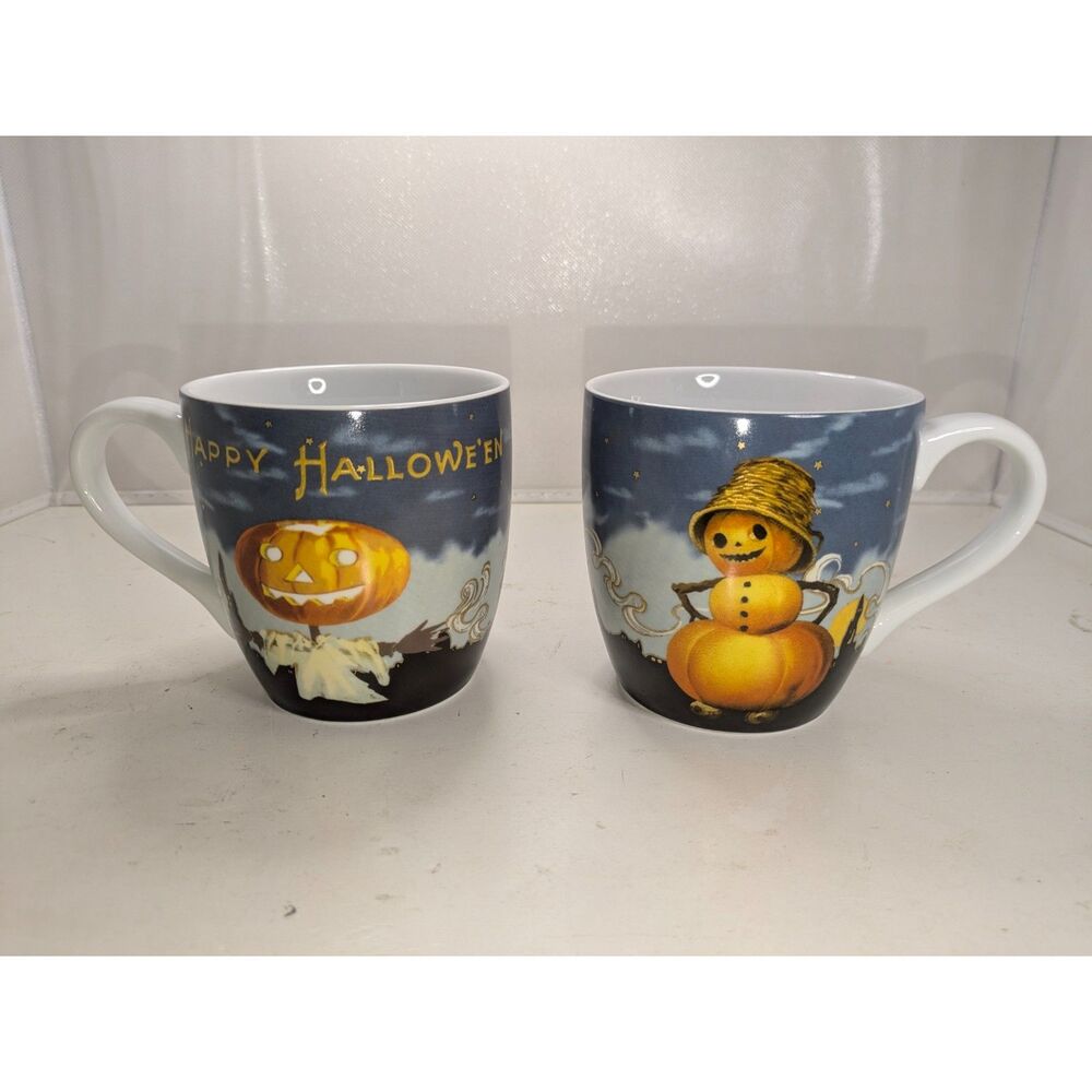 William Sonoma Halloween Mugs Pumpkin Snowman Set of 2
